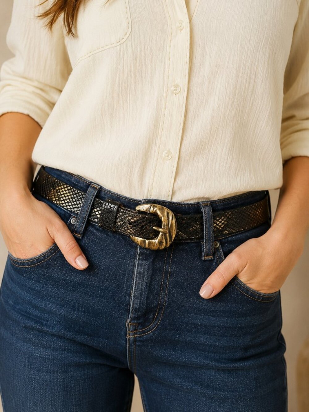 Streets Ahead Snake Embossed Leather Belt Hammered Gold Buckle USA M